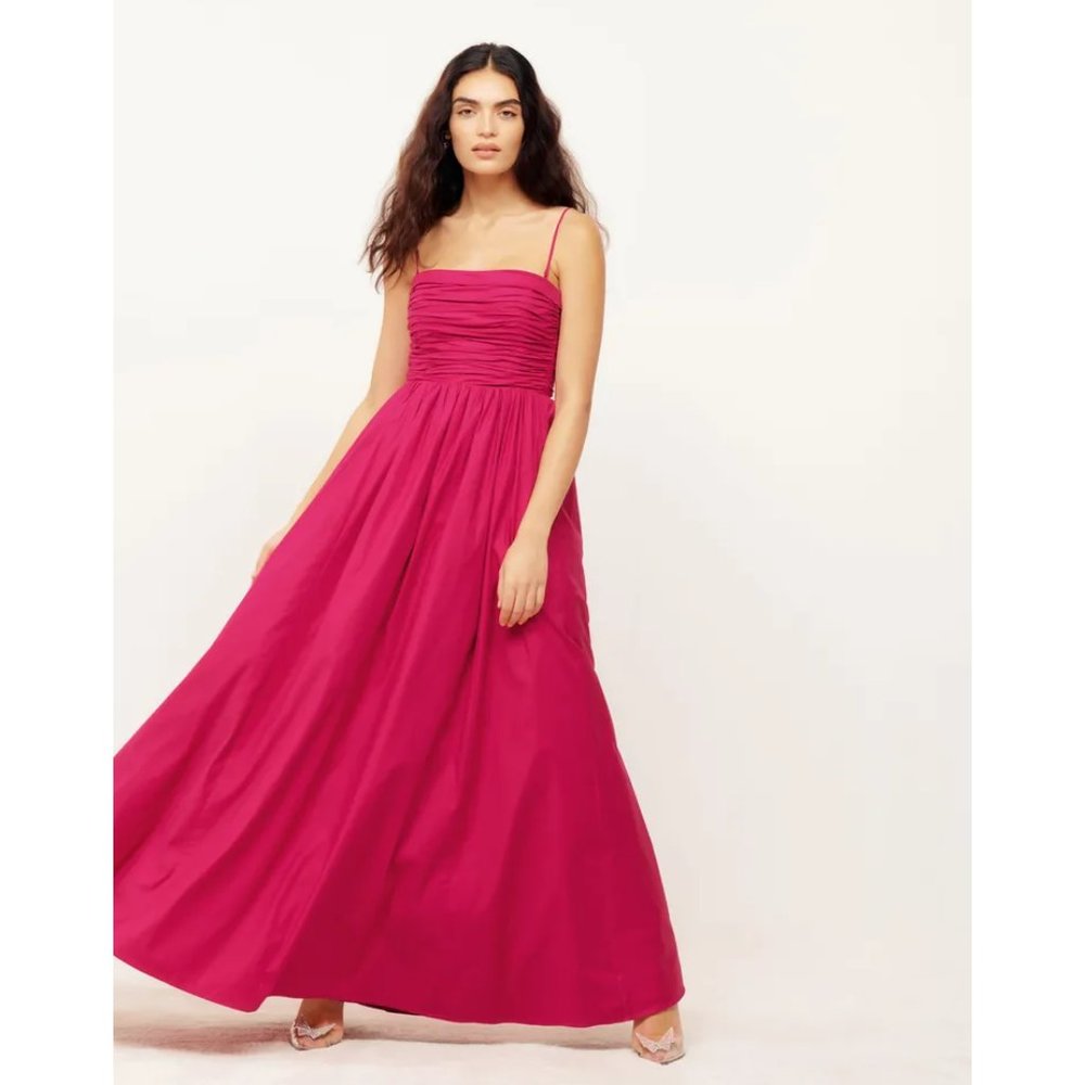 NWOT Reformation Kastoria Dress in Rhubarb Pink Red Maxi Pleated Sleeveless Gown
